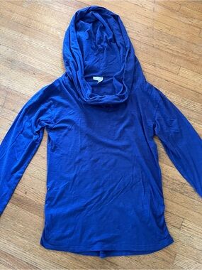 Lucy Hooded Cowl Neck Top Blue Cotton Long Sleeve Activewear Athleisure M